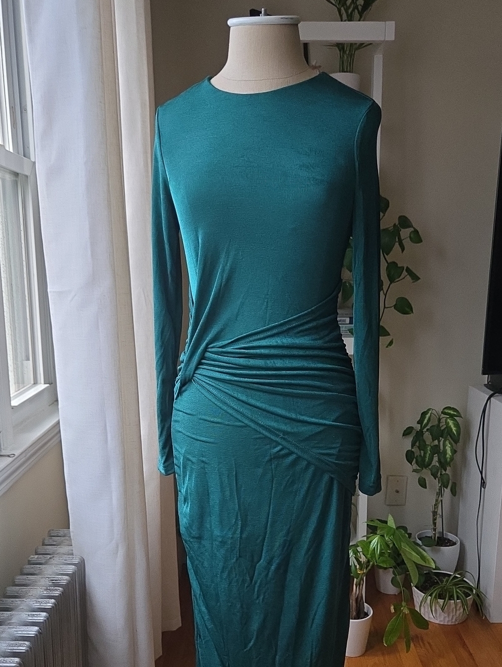 Long Sleeve Teal Ruched Women's Dress